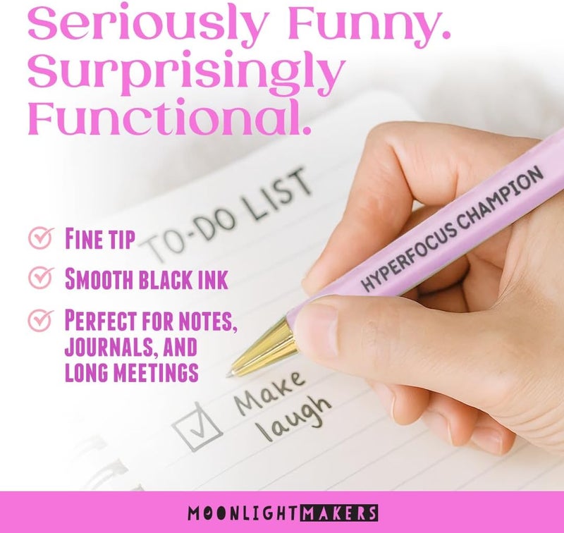 Moonlight Makers - Set of 5 Ballpoint Pens Black Ink - Engraved Funny Pens for Adults - ADHD Girlie Appreciation Adult Gifts - Ideal Desk Decor for Work and Office Desk - Cute Packaging, Handy Clips - Image 2